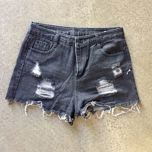 High Waisted Distressed Black Denim Shorts